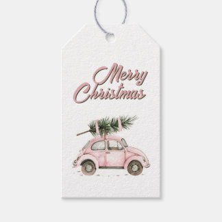 Roze Bug Auto met Kerstboom Cadeaulabel