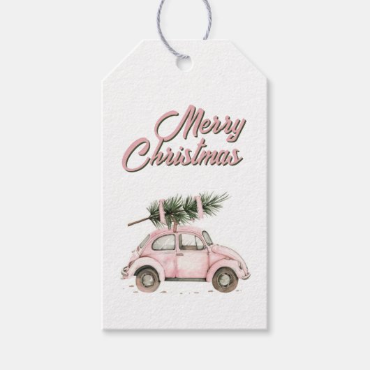 Roze Bug Auto met Kerstboom Cadeaulabel (Voorkant)