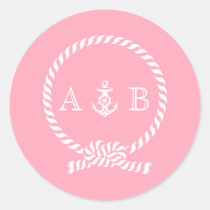 Roze buisvormige helling en anker monogram ronde sticker