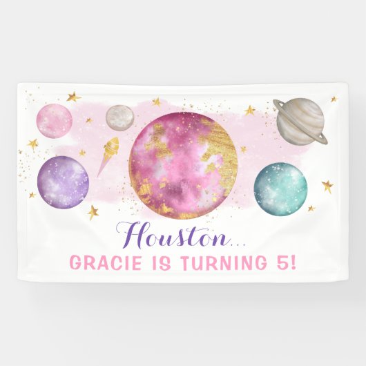 Roze Buitenruimte Galaxy Roze Gouden Verjaardagsfe Spandoek (Horizontaal)