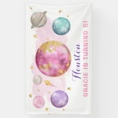 Roze Buitenruimte Galaxy Roze Gouden Verjaardagsfe Spandoek (Verticaal)