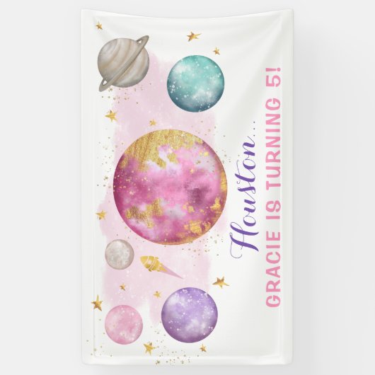 Roze Buitenruimte Galaxy Roze Gouden Verjaardagsfe Spandoek (Verticaal)