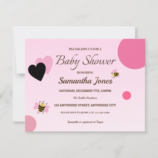 Roze bumblebee Baby shower Girl Invitation Kaart (Voorkant)