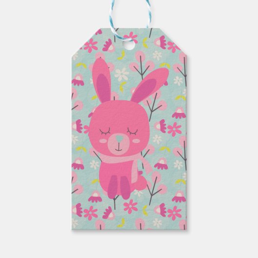 Roze Bunnies en Flowers Cadeaulabel (Voorkant)