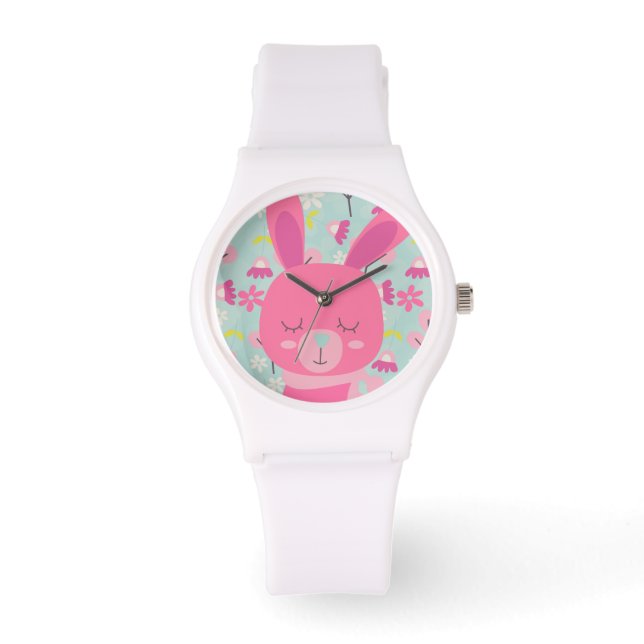 Roze Bunnies en Flowers Horloge (Voorkant)