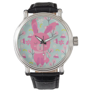 Roze Bunnies en Flowers Horloge
