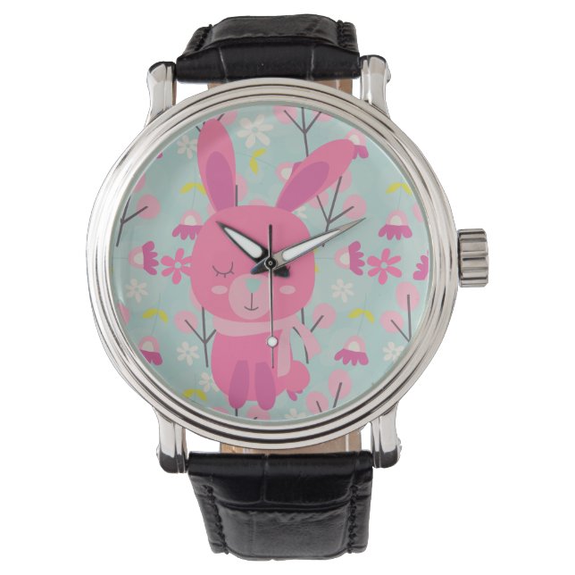 Roze Bunnies en Flowers Horloge (Voorkant)
