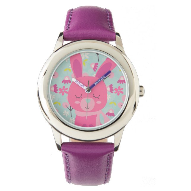 Roze Bunnies en Flowers Horloge (Voorkant)
