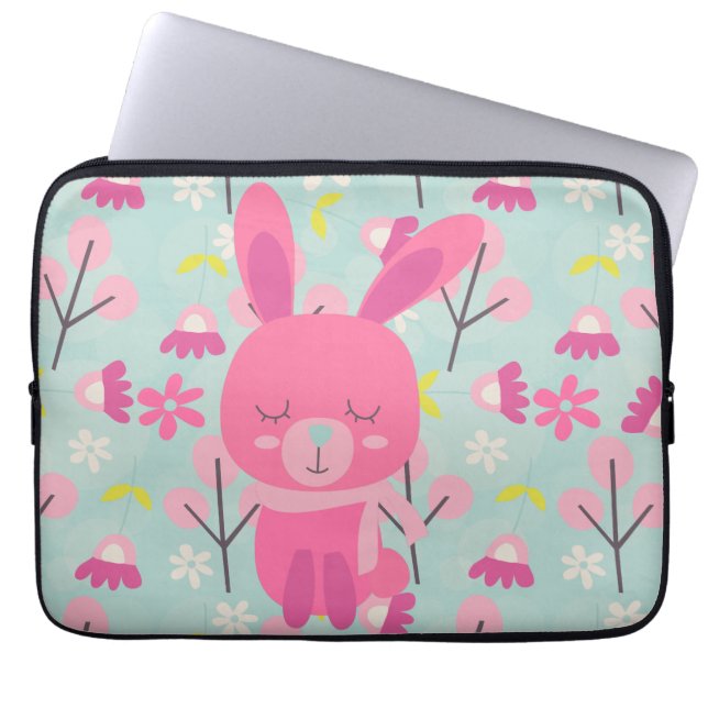 Roze Bunnies en Flowers Laptop Sleeve (Voorkant)
