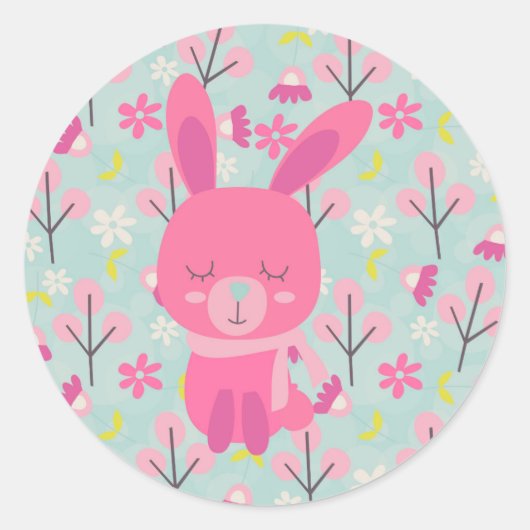 Roze Bunnies en Flowers Ronde Sticker (Voorkant)