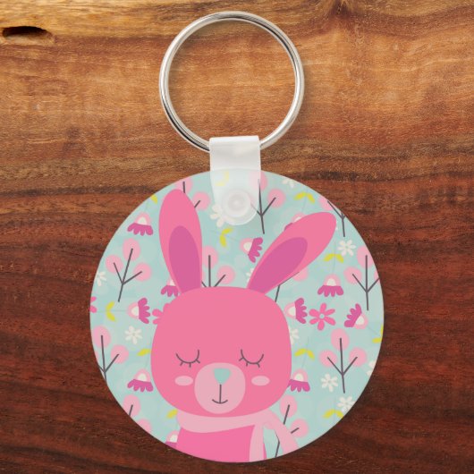 Roze Bunnies en Flowers Sleutelhanger (Voorkant)