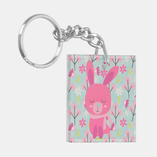 Roze Bunnies en Flowers Sleutelhanger (Voorkant Links)