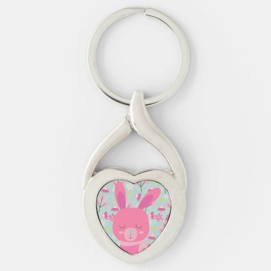 Roze Bunnies en Flowers Sleutelhanger (Voorkant)