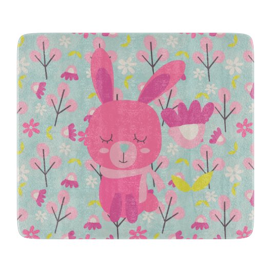 Roze Bunnies en Flowers Snijplank (Voorkant)