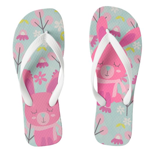 Roze Bunnies en Flowers Teenslippers (Voetbed)