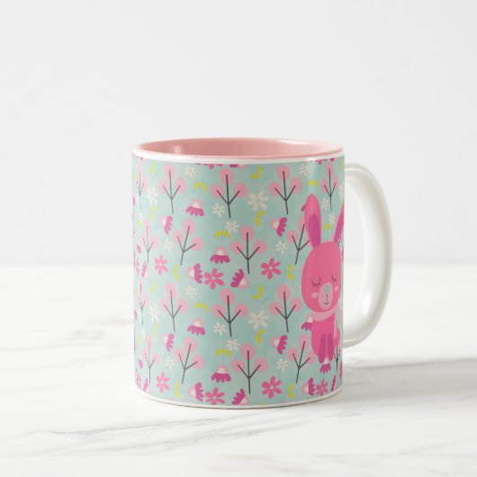 Roze Bunnies en Flowers Tweekleurige Koffiemok (Voorkant rechts)
