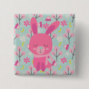 Roze Bunnies en Flowers Vierkante Button 5,1 Cm