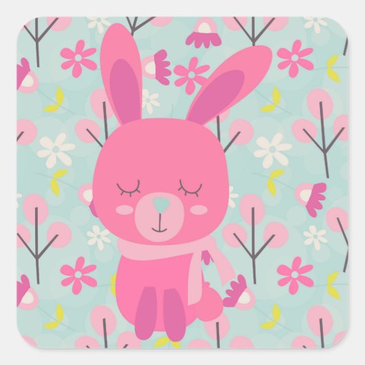 Roze Bunnies en Flowers Vierkante Sticker (Voorkant)