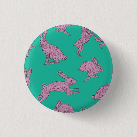 Roze Bunnies op groene badge Ronde Button 3,2 Cm (Voorkant)