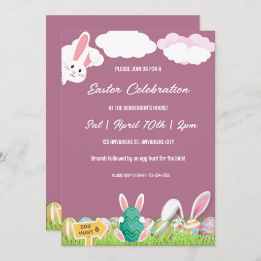Roze Bunny and Eggs Easter Brunch and Egg Hunt Kaart (Voorkant / Achterkant)