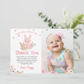 Roze Bunny Butterfly Verjaardag Foto Dank je Kaart (Staand voorkant)