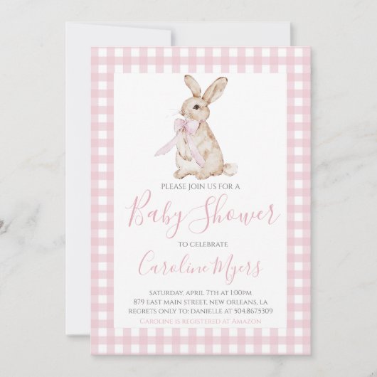 Roze  Bunny Konijn Bow Baby Meisje Douche Kaart (Voorkant)