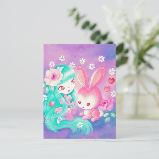 Roze Bunny Love Briefkaart (Staand voorkant)