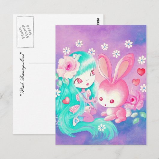 Roze Bunny Love Briefkaart (Voorkant / Achterkant)
