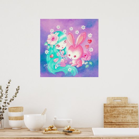 Roze Bunny Love Poster (Keuken)