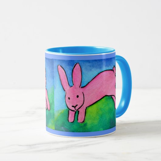 Roze Bunny met blauw handvat Mok (Voorkant rechts)