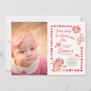 Roze bunny met foto eerste verjaardag kaart