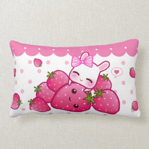 Roze bunny met kawaii-aardbeien kussen