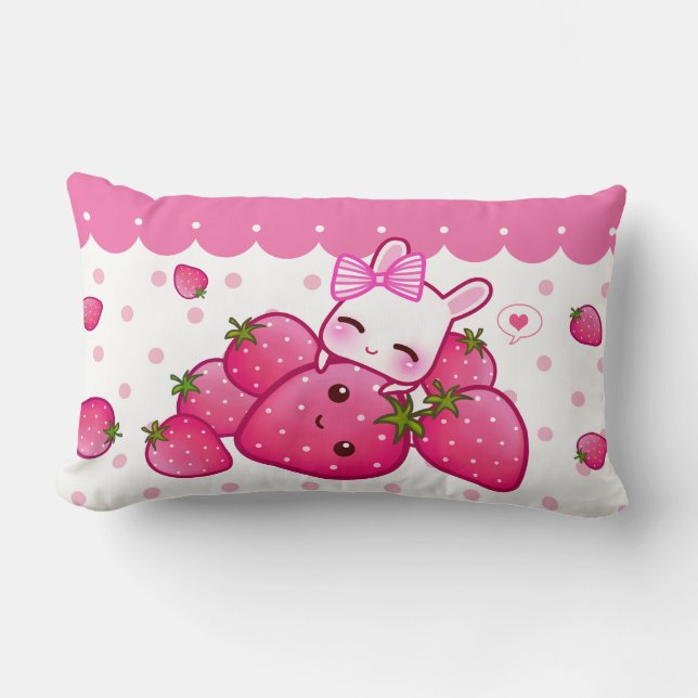 Roze bunny met kawaii-aardbeien kussen (Voorkant)