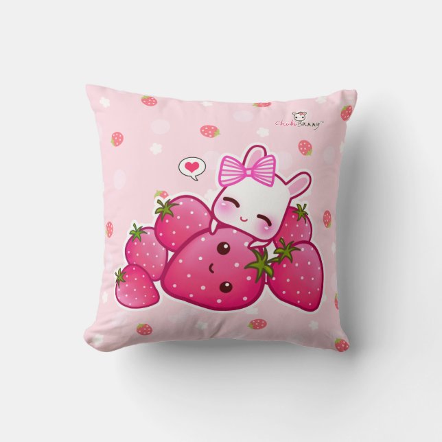 Roze bunny met kawaii-aardbeien kussen (Voorkant)