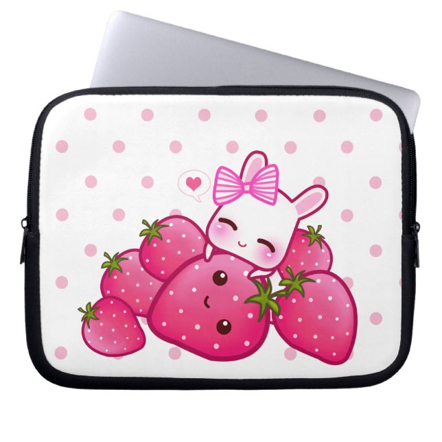 Roze bunny met kawaii-aardbeien laptop sleeve (Voorkant)