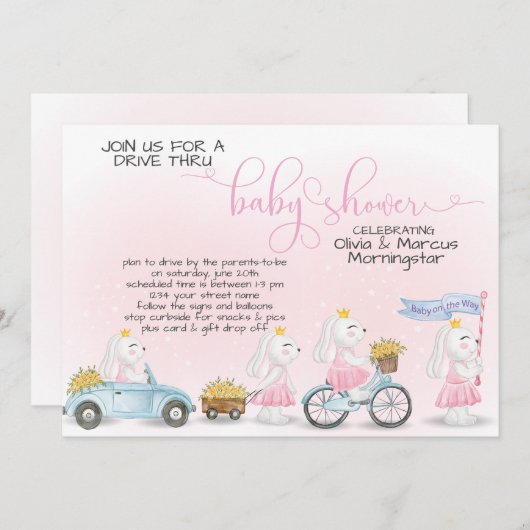 Roze Bunny Parade Drive Thru Baby shower Kaart (Voorkant / Achterkant)