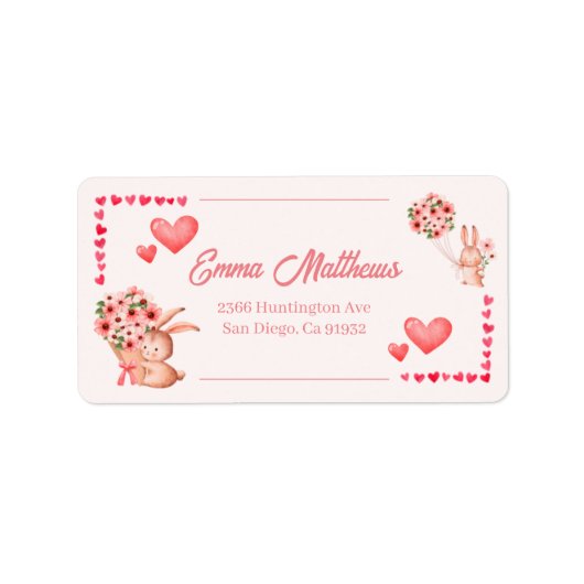 Roze Bunny Rabbit met Heart Birthday Address Etiket (Voorkant)