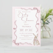 Roze Bunny Ribbon Baby shower Kaart (Staand voorkant)