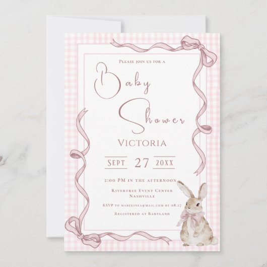 Roze Bunny Ribbon  Baby shower Kaart (Voorkant)