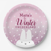 Roze Bunny Winter Onederland 1e verjaardag Papieren Bordje (Voorkant)