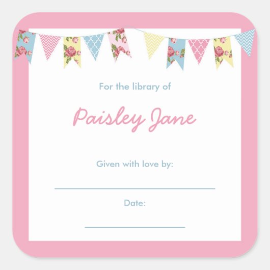 Roze Bunting Baby shower boek Boekplaten Vierkante Sticker (Voorkant)