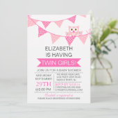  Roze Bunting Uil TWIN MEISJES Baby shower Kaart (Staand voorkant)
