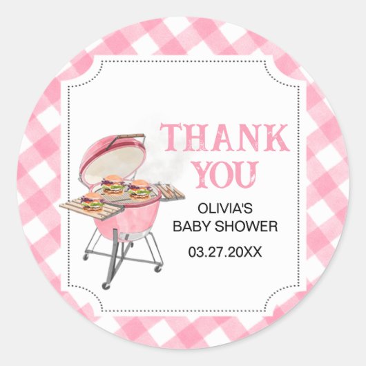 Roze Burger BBQ Baby shower Ronde Sticker (Voorkant)