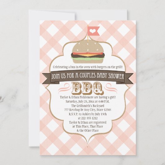Roze Burger Couples BBQ Baby Shower Invitations Kaart (Voorkant)