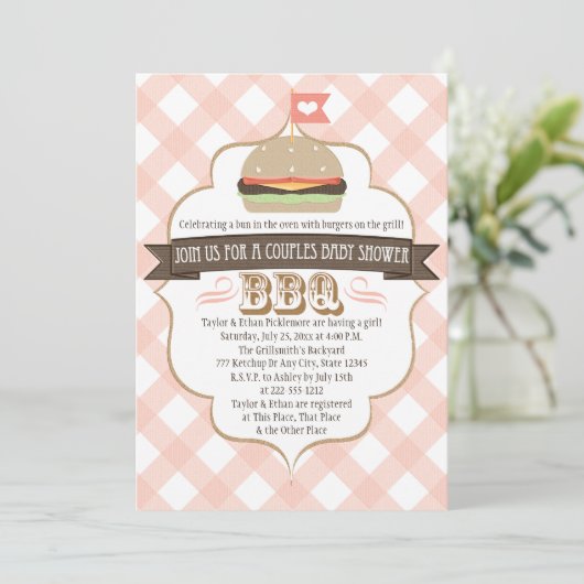 Roze Burger Couples BBQ Baby Shower Invitations Kaart (Staand voorkant)