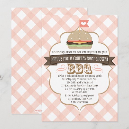 Roze Burger Couples BBQ Baby Shower Invitations Kaart (Voorkant / Achterkant)