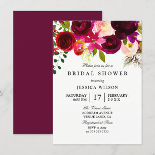 Roze Burgundy Flower Bridal Shower-uitnodiging Kaart