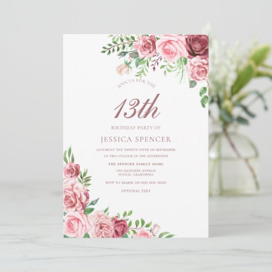 Roze Burgundy Girls 12e 13e verjaardag Invite Kaart (Staand voorkant)