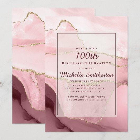 Roze Burgundy Gold Marble Agate 100th Birthday Kaart (Voorkant / Achterkant)