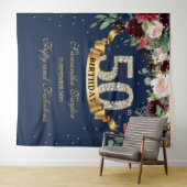 Roze burgundy navy bloem boho 50ste verjaardag wandkleed (In Situ (horizontaal))